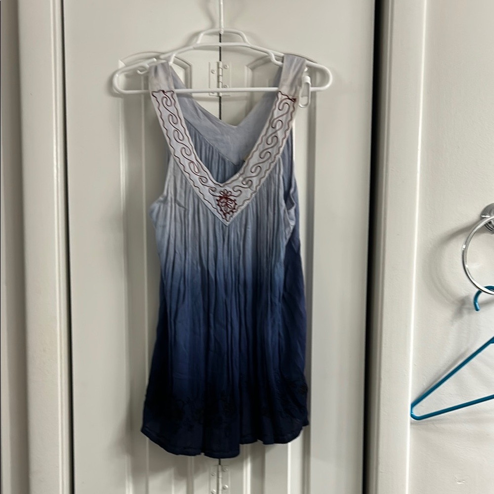 Blue and White Sleeveless Dress with Embroidered Neckline